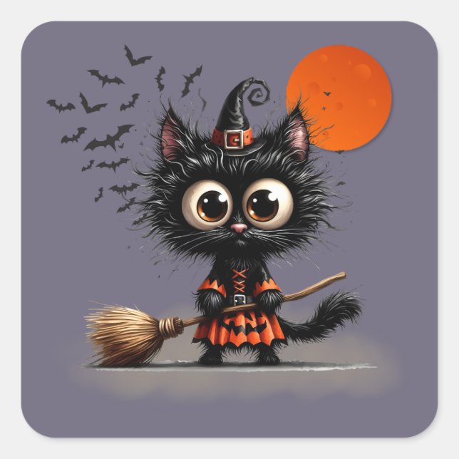 Cute Black Witch Kitten Halloween Square Sticker (Front)