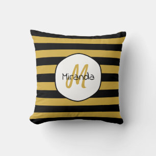 Cute Black Yellow Bee Stripes Name and Monogram Cushion