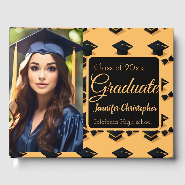 Cute black & Yellow Graduation Cap pattern Photo Guest Book (Front)