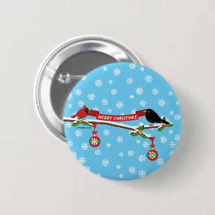 Cute Blackbird And Cardinal On Branch - MERRY XMAS 6 Cm Round Badge
