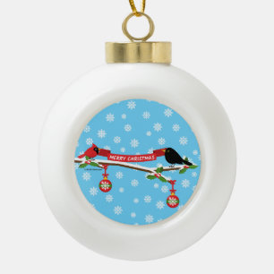 Cute Blackbird And Cardinal On Branch - MERRY XMAS Ceramic Ball Christmas Ornament