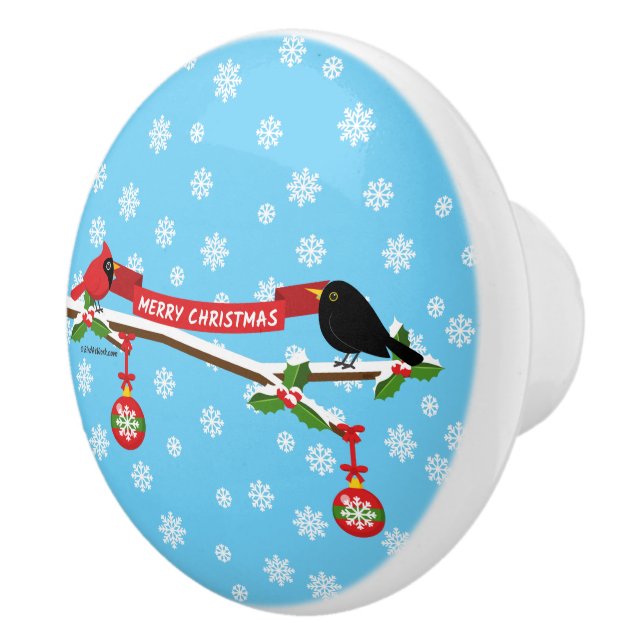 Cute Blackbird And Cardinal On Branch - MERRY XMAS Ceramic Knob (Right)
