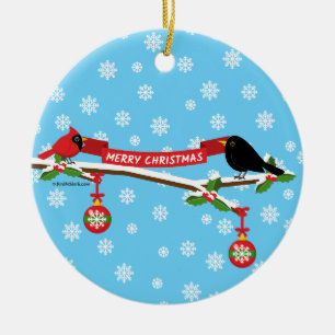 Cute Blackbird And Cardinal On Branch - MERRY XMAS Ceramic Ornament