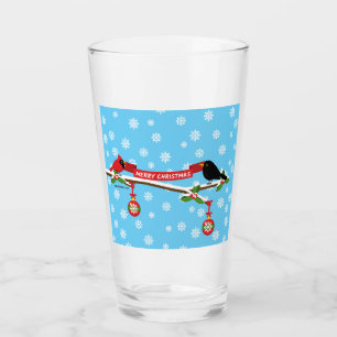 Cute Blackbird And Cardinal On Branch - MERRY XMAS Glass