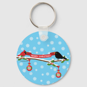 Cute Blackbird And Cardinal On Branch - MERRY XMAS Key Ring