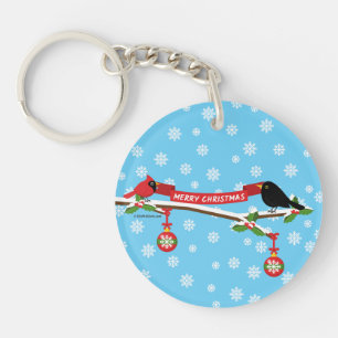 Cute Blackbird And Cardinal On Branch - MERRY XMAS Key Ring
