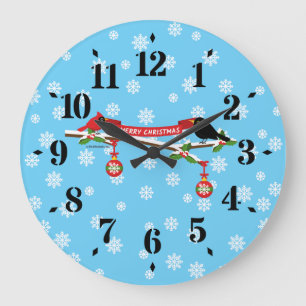 Cute Blackbird And Cardinal On Branch - MERRY XMAS Large Clock