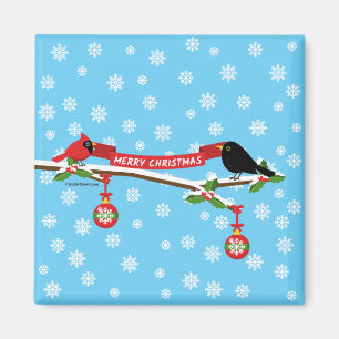 Cute Blackbird And Cardinal On Branch - MERRY XMAS Magnet