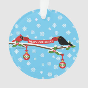 Cute Blackbird And Cardinal On Branch - MERRY XMAS Ornament