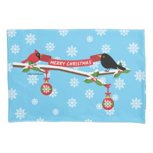 Cute Blackbird And Cardinal On Branch - MERRY XMAS Pillowcase
