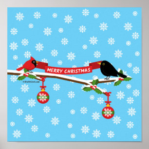 Cute Blackbird And Cardinal On Branch - MERRY XMAS Poster