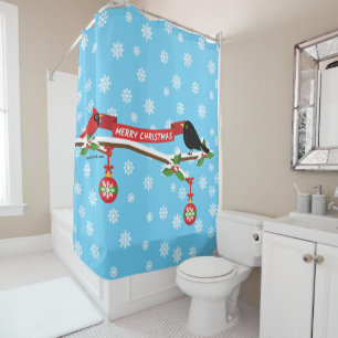 Cute Blackbird And Cardinal On Branch - MERRY XMAS Shower Curtain