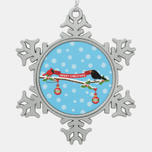 Cute Blackbird And Cardinal On Branch - MERRY XMAS Snowflake Pewter Christmas Ornament