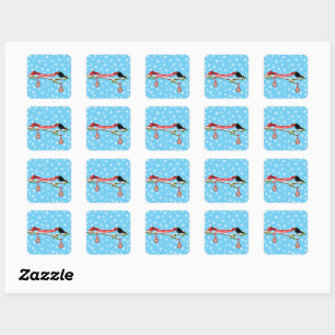 Cute Blackbird And Cardinal On Branch - MERRY XMAS Square Sticker