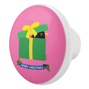 Cute Blackbird Peeking Out Of A Gift Box Ceramic Knob