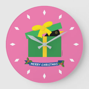 Cute Blackbird Peeking Out Of A Gift Box Large Clock