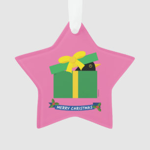 Cute Blackbird Peeking Out Of A Gift Box Ornament