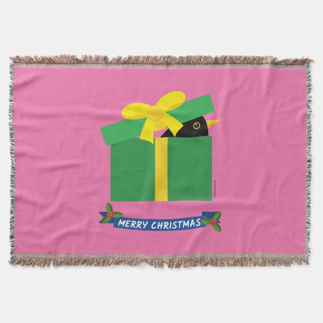 Cute Blackbird Peeking Out Of A Gift Box Throw Blanket (Front)