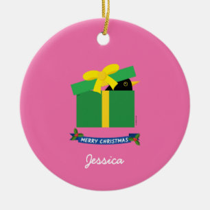 Cute Blackbird Peeking Out Of Gift Box Custom Name Ceramic Ornament