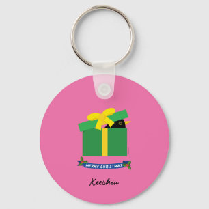 Cute Blackbird Peeking Out Of Gift Box Custom Name Key Ring
