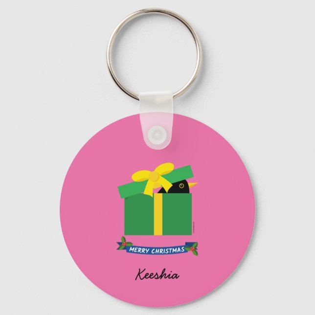 Cute Blackbird Peeking Out Of Gift Box Custom Name Key Ring (Front)
