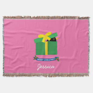 Cute Blackbird Peeking Out Of Gift Box Custom Name Throw Blanket