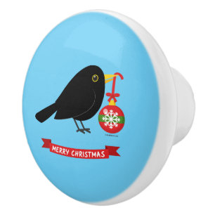Cute Blackbird With A Christmas Ball Ceramic Knob