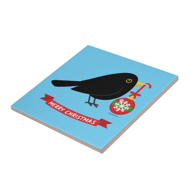 Cute Blackbird With A Christmas Ball Ceramic Tile (Side)