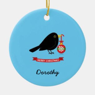Cute Blackbird With A Christmas Ball Custom Name Ceramic Ornament