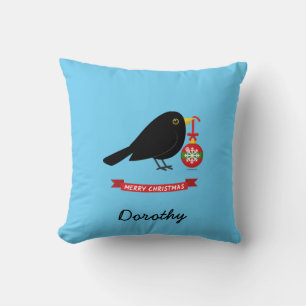 Cute Blackbird With A Christmas Ball Custom Name Cushion