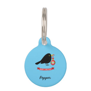 Cute Blackbird With A Christmas Ball Custom Name Pet Tag
