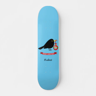 Cute Blackbird With A Christmas Ball Custom Name Skateboard