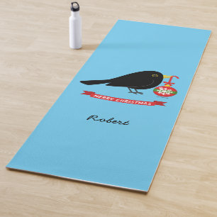 Cute Blackbird With A Christmas Ball Custom Name Yoga Mat