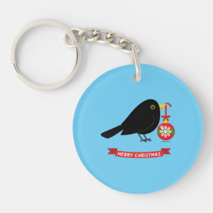 Cute Blackbird With A Christmas Ball Key Ring