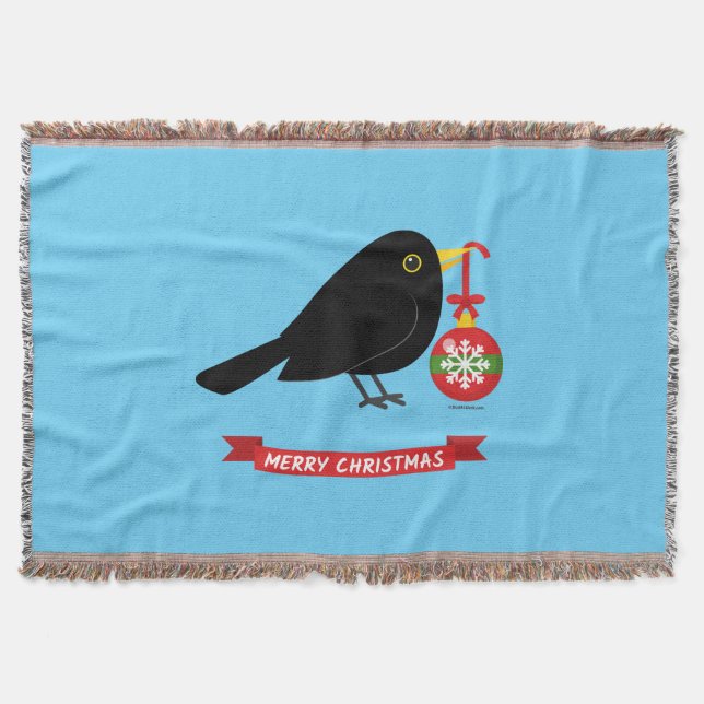 Cute Blackbird With A Christmas Ball Throw Blanket (Front)