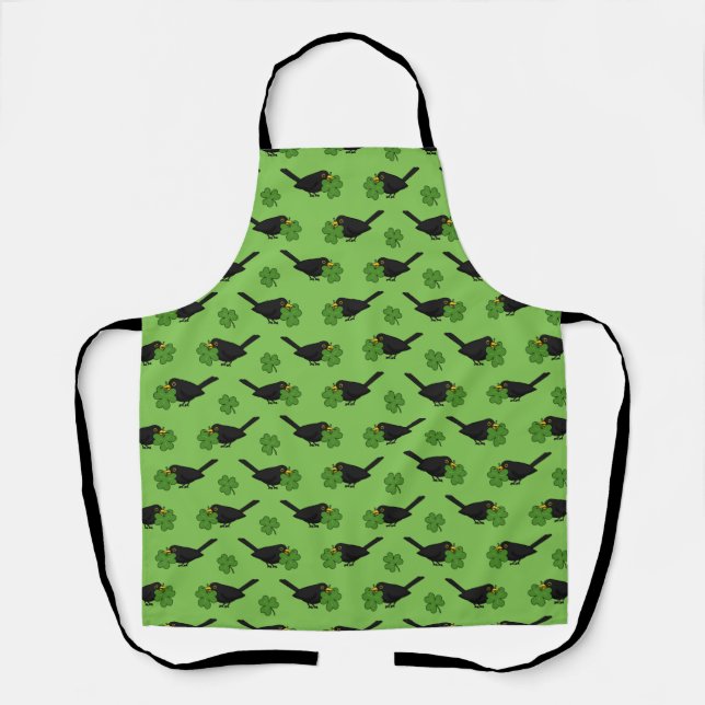 Cute Blackbird with Shamrock Clover Cartoon Apron (Front)