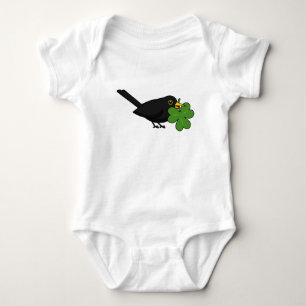Cute Blackbird with Shamrock Clover Cartoon Baby Bodysuit