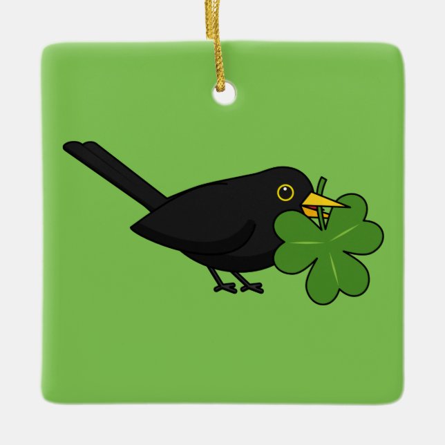 Cute Blackbird with Shamrock Clover Cartoon Ceramic Ornament (Front)