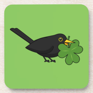 Cute Blackbird with Shamrock Clover Cartoon Coaster