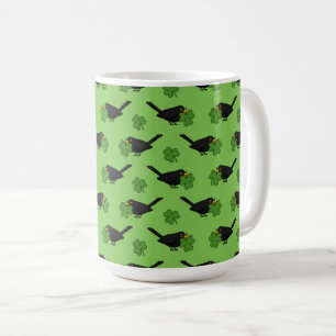 Cute Blackbird with Shamrock Clover Cartoon Coffee Mug
