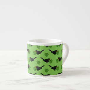 Cute Blackbird with Shamrock Clover Cartoon Espresso Cup