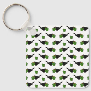 Cute Blackbird with Shamrock Clover Cartoon Key Ring