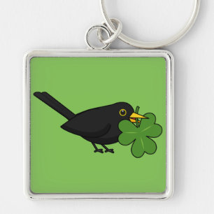 Cute Blackbird with Shamrock Clover Cartoon Key Ring