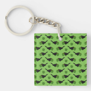 Cute Blackbird with Shamrock Clover Cartoon Key Ring