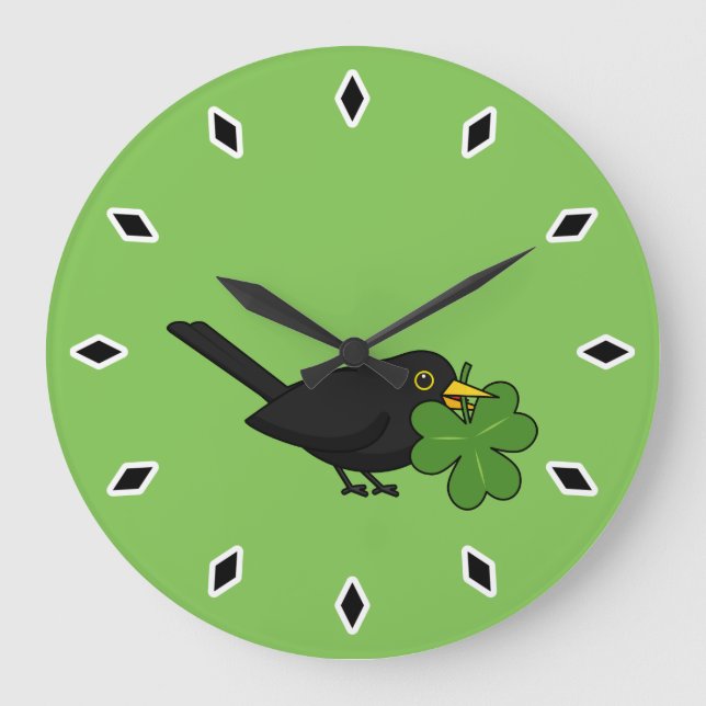 Cute Blackbird with Shamrock Clover Cartoon Large Clock (Front)