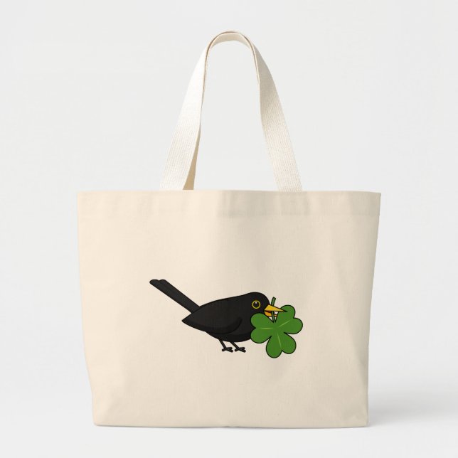 Cute Blackbird with Shamrock Clover Cartoon Large Tote Bag (Front)