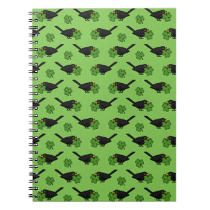 Cute Blackbird with Shamrock Clover Cartoon Notebook