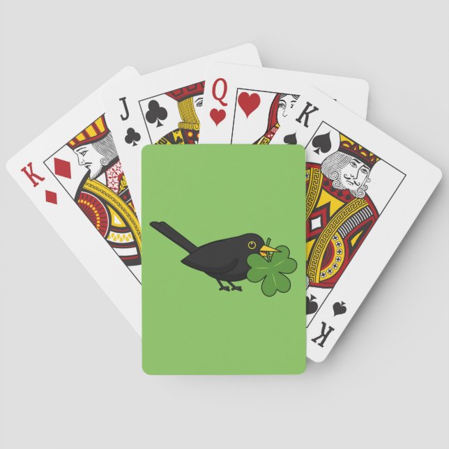 Cute Blackbird with Shamrock Clover Cartoon Playing Cards (Back)