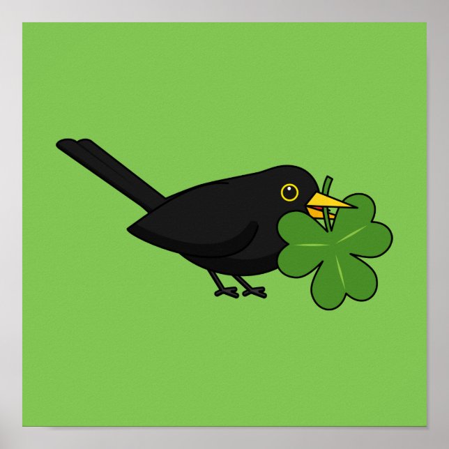 Cute Blackbird with Shamrock Clover Cartoon Poster (Front)
