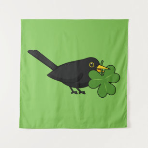 Cute Blackbird with Shamrock Clover Cartoon Tapestry
